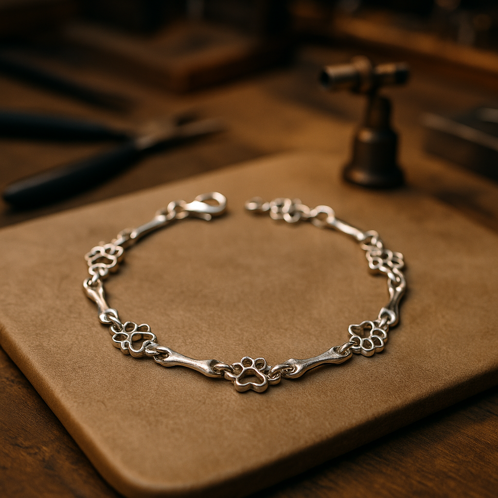 Armband mit Anhängern aus reinem Silber in Form von Hundepfoten und Knochen