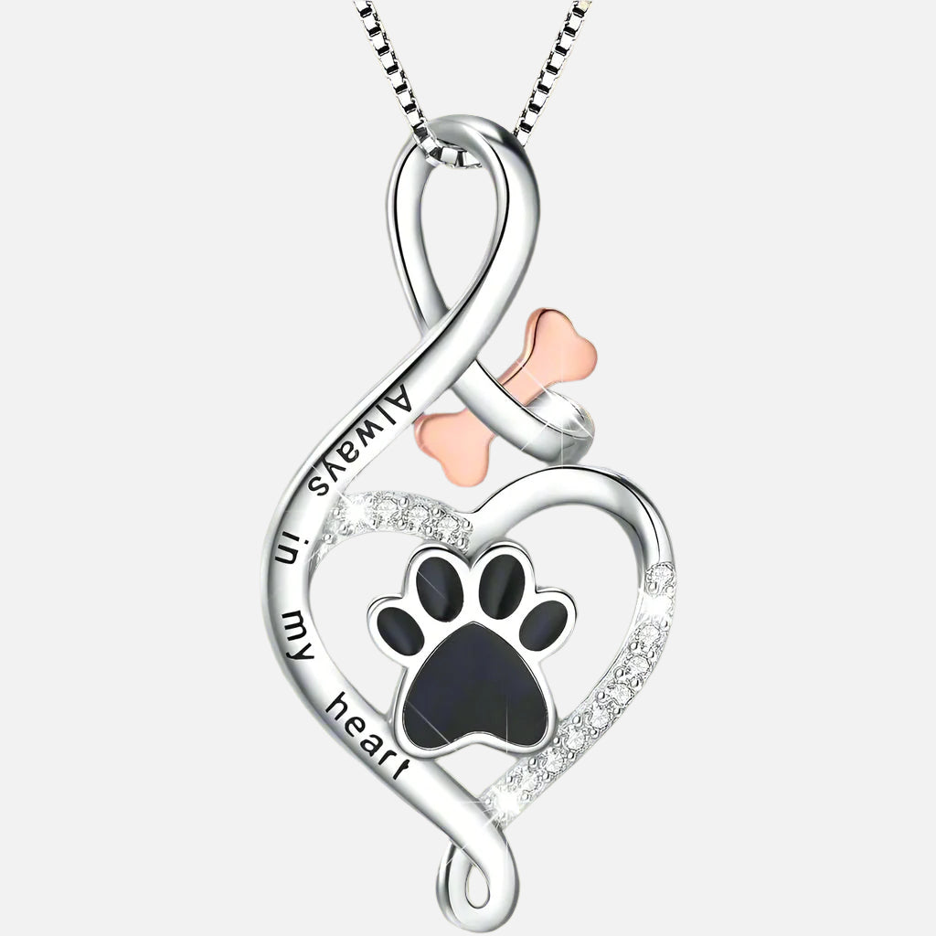 Lucky Paw Halskette mit Herz, Knochen und Unendlichkeit – Anhänger „Always in My Heart“